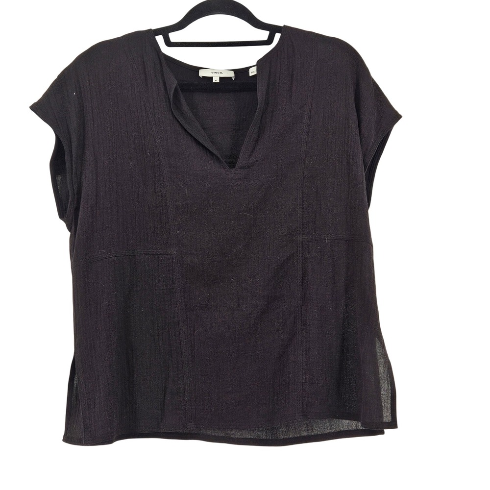 VINCE Black Gauze Short Sleeve Split Neck Boxy Popover Shirt Top Size XS Capsule